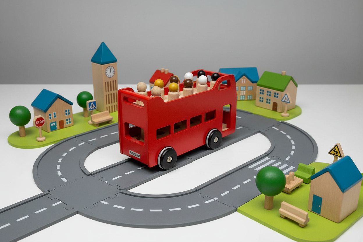 bajo bus on way to play road with miniature tree surrounding